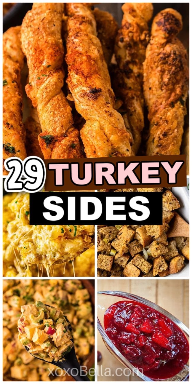 Collage of turkey sides: cheese twists, stuffing, salad, cranberry sauce, and melted cheese casserole.