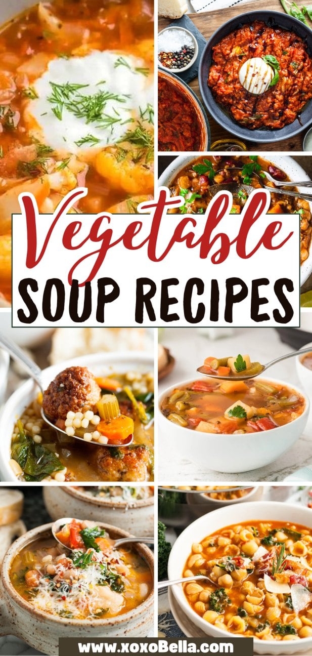 A collage of hearty vegetable soup recipes in bowls, topped with fresh herbs.