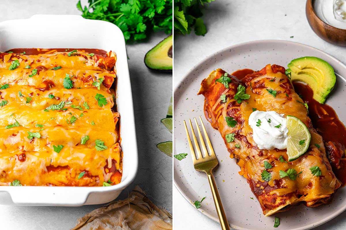 A split image showing two dishes of enchiladas: one in a 9x13 baking dish on the left and another plated with a dollop of sour cream and sliced avocado on the right.