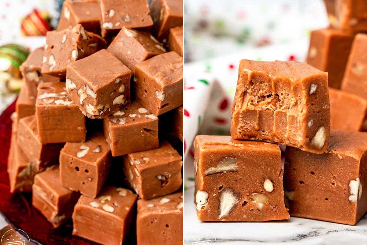 Two images of homemade fudge: on the left, a pile of chocolate fudge with nuts; on the right, a close-up of Velveeta cheese recipes-inspired fudge piece showing a nut