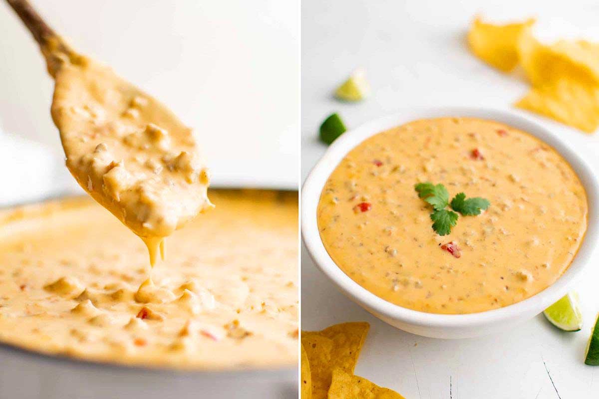 A collage of two images featuring creamy Velveeta cheese queso dip; on the left, a spoon lifts dip showing its texture, and on the right, the dip is served in a white bowl