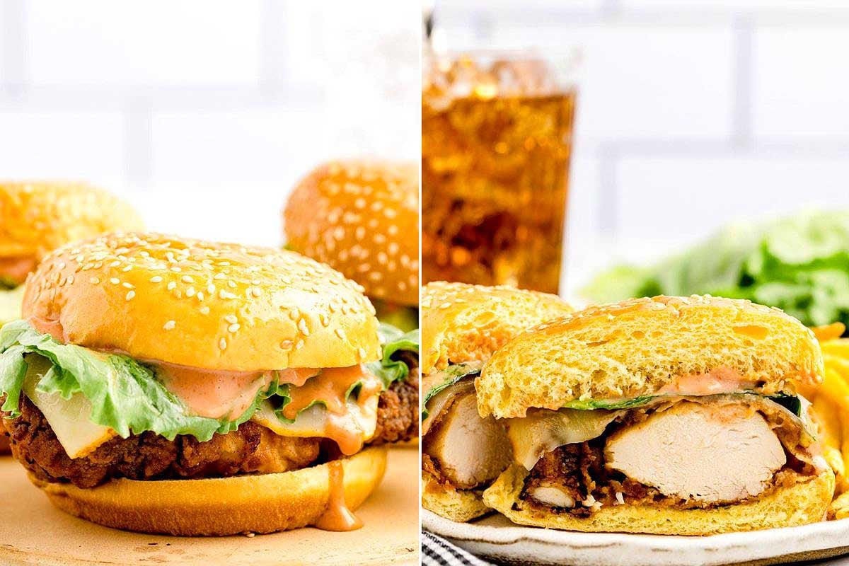 Two images: a chicken burger featuring KFC recipes with lettuce and sauce on the left, and a cut sandwich with chicken and sauce on the right, both served with a side of soda.