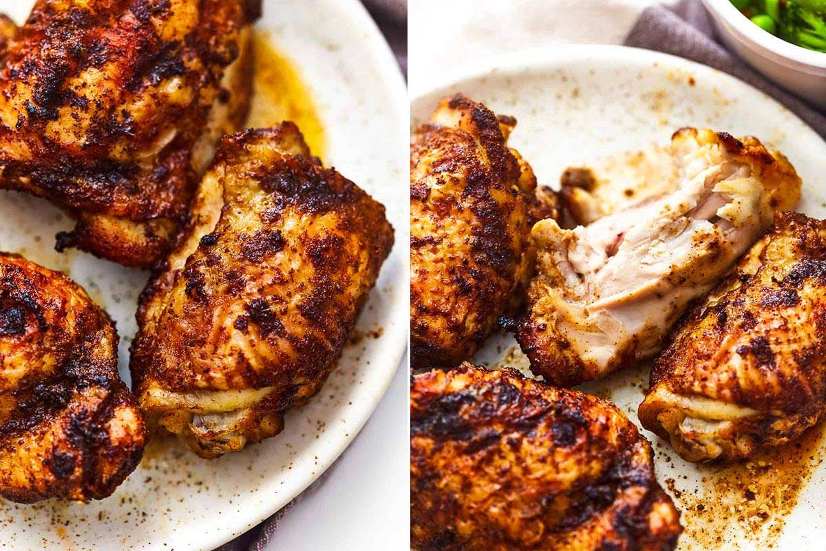 Grilled chicken thighs on a plate, showing both whole and sliced pieces, with crispy seasoned skin inspired by KFC recipes.