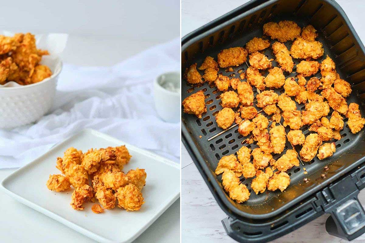 Fried chicken pieces inspired by KFC recipes, served on a white plate and in an air fryer basket.