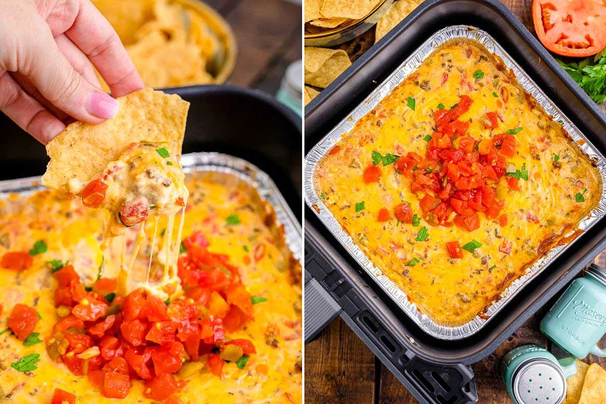 A hand dipping a chip into a Velveeta cheese dip with fresh tomato topping, next to an image of the full dip tray.