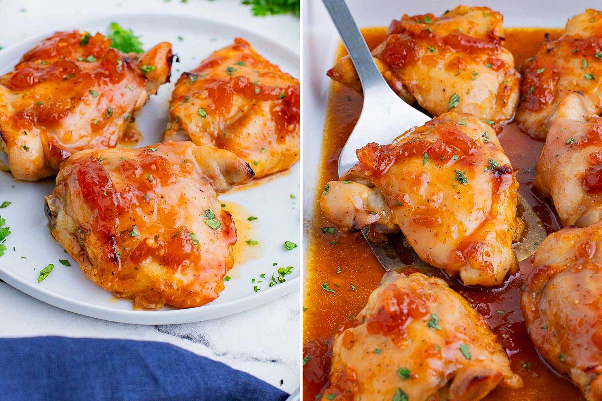 Two images of baked chicken thighs in a tangy ketchup sauce, garnished with herbs on white plates, side by side for comparison.