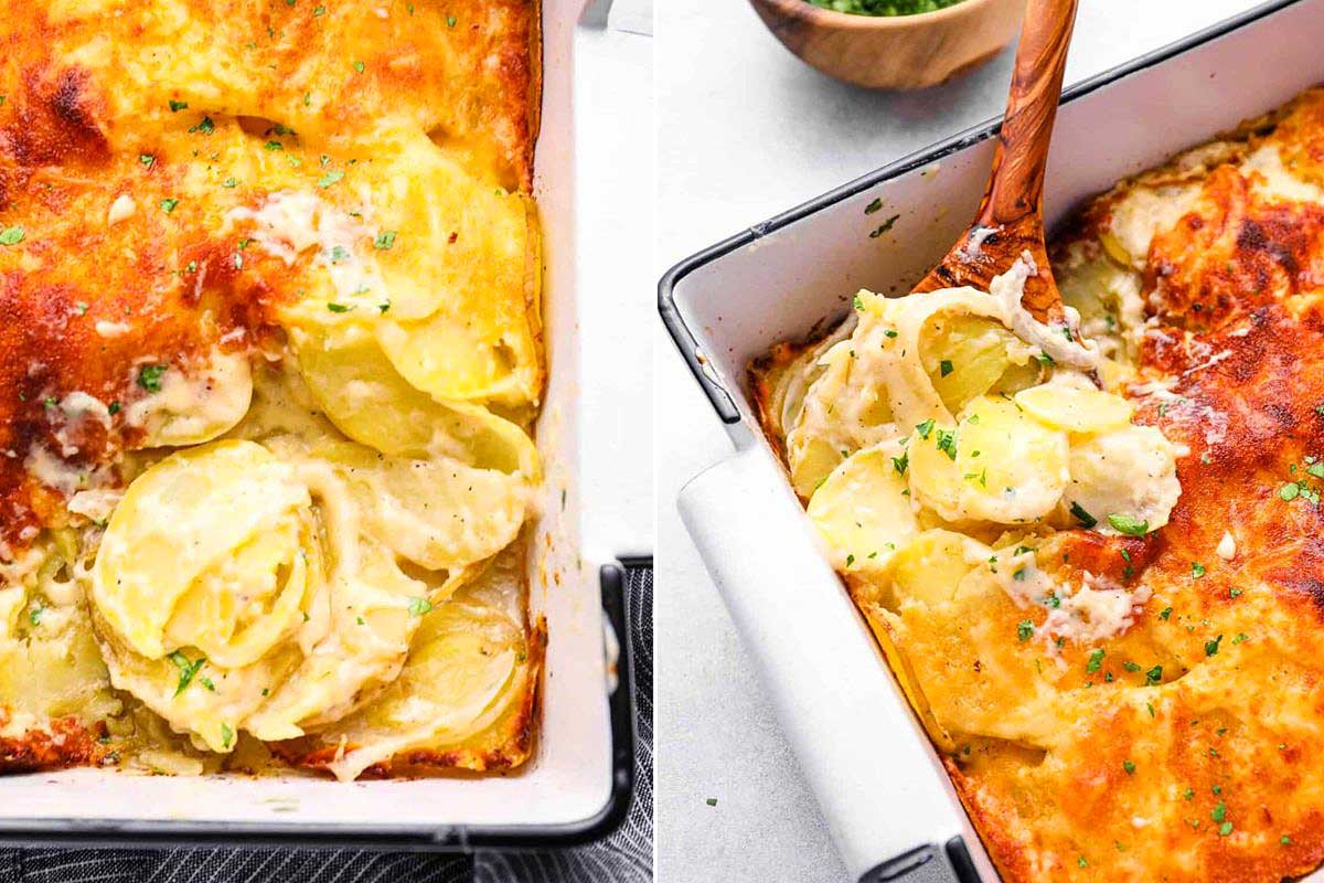 Two images of scalloped potatoes in 9x13 baking dishes; one shows a full dish, and the other displays a serving spoon scooping out a portion.