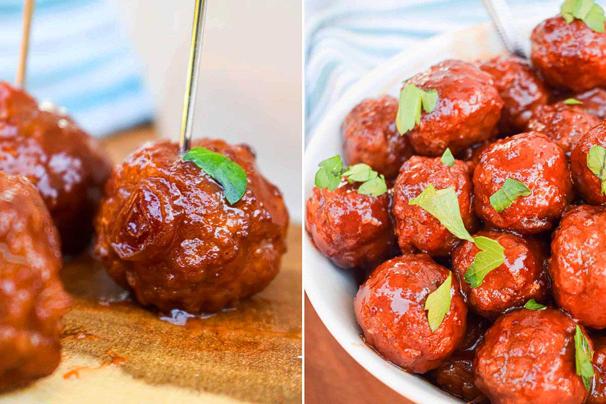 Two images of glazed meatballs with ketchup recipes, one showing a single meatball being lifted by a fork and the other displaying a bowl of meatballs garnished with herbs.