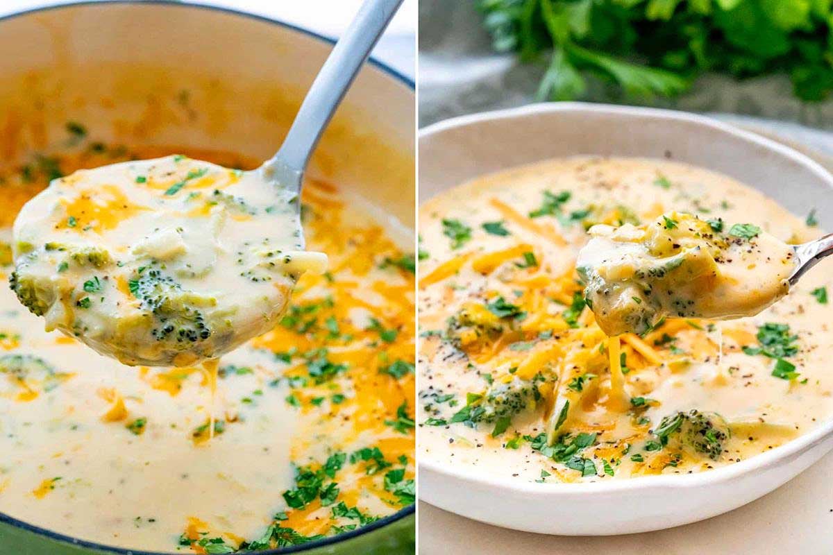 A ladle serving creamy broccoli cheddar soup from a pot on the left, and a close-up of a bowl of the same soup garnished with Velveeta cheese and parsley on the right.
