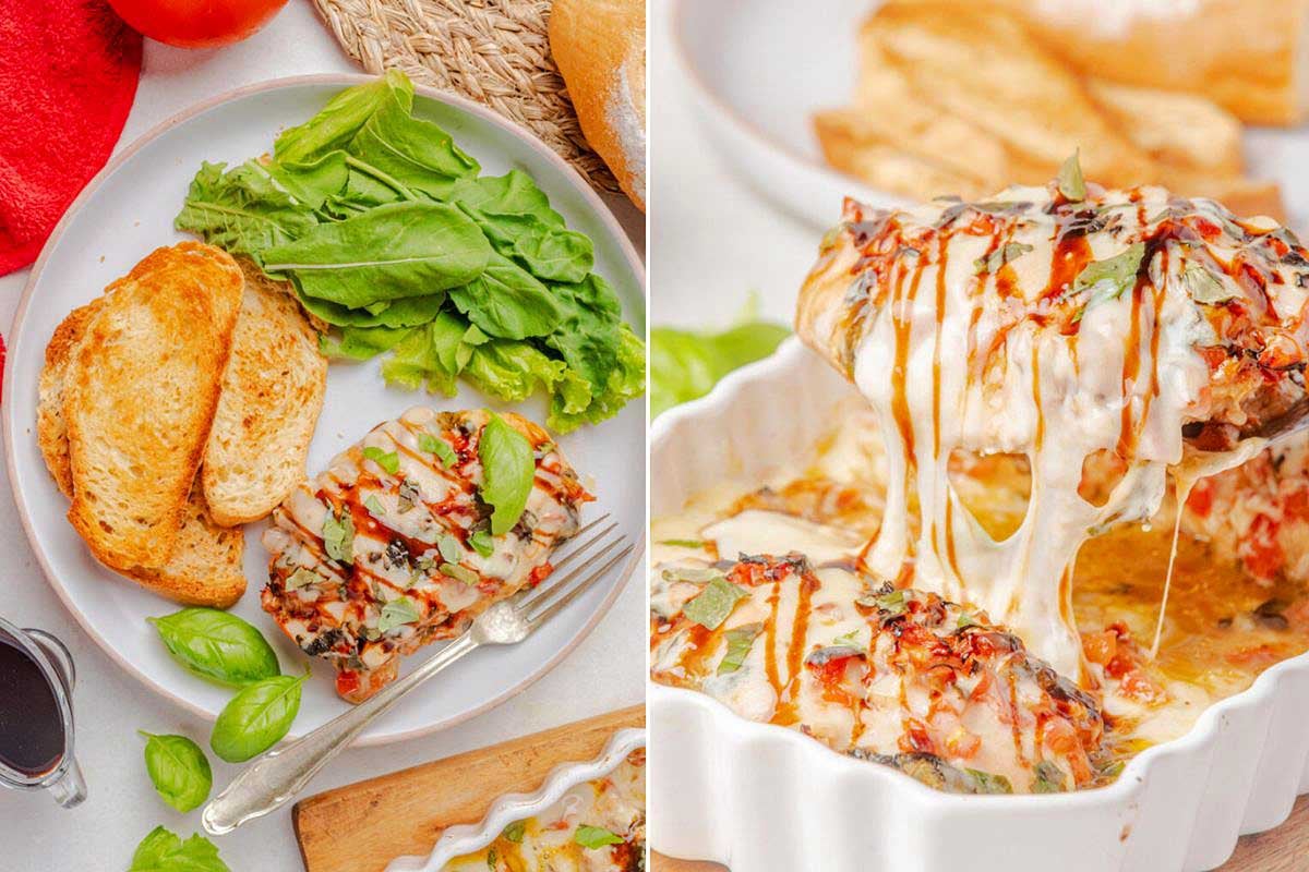 Two images of a meal: left shows grilled chicken with a side of toast and lettuce. The right features a baked cheesy dish in a 9x13 baking dish with a slice being lifted, showing