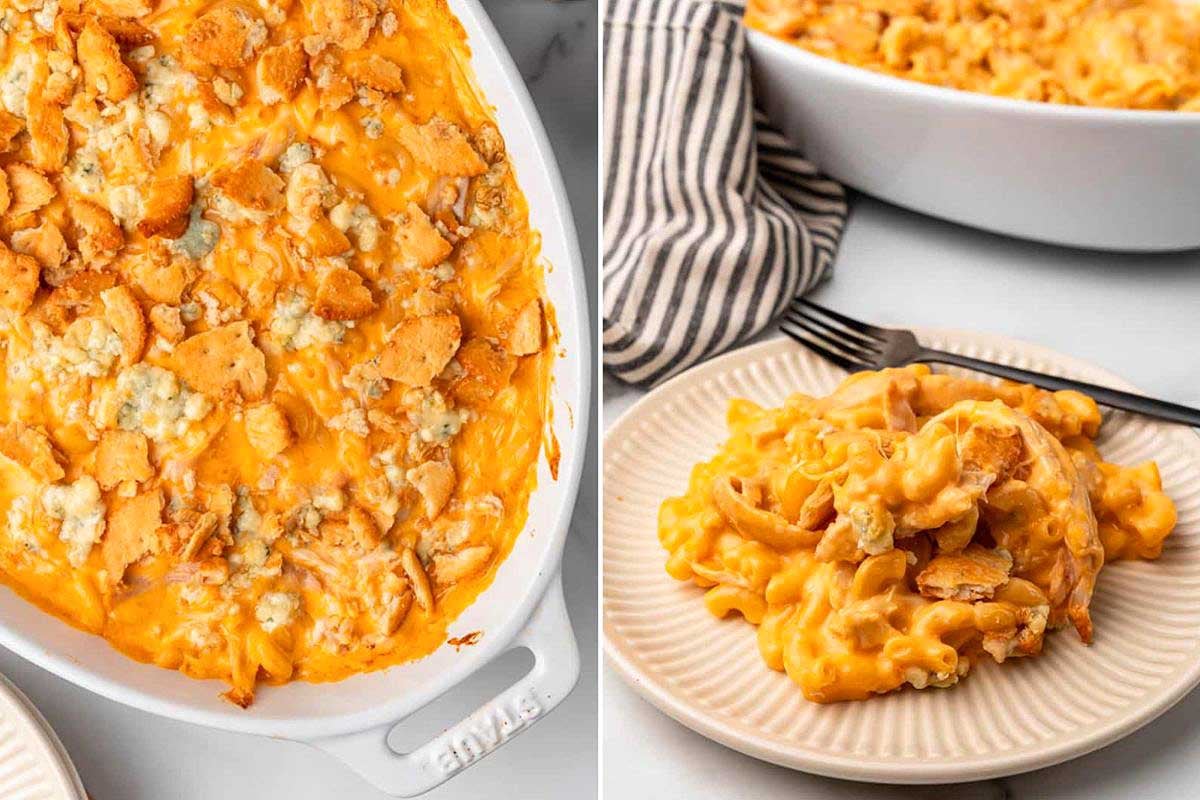 A split image of a casserole dish with baked macaroni using Velveeta cheese recipes, topped with breadcrumbs, and a plate serving a portion of the same dish.