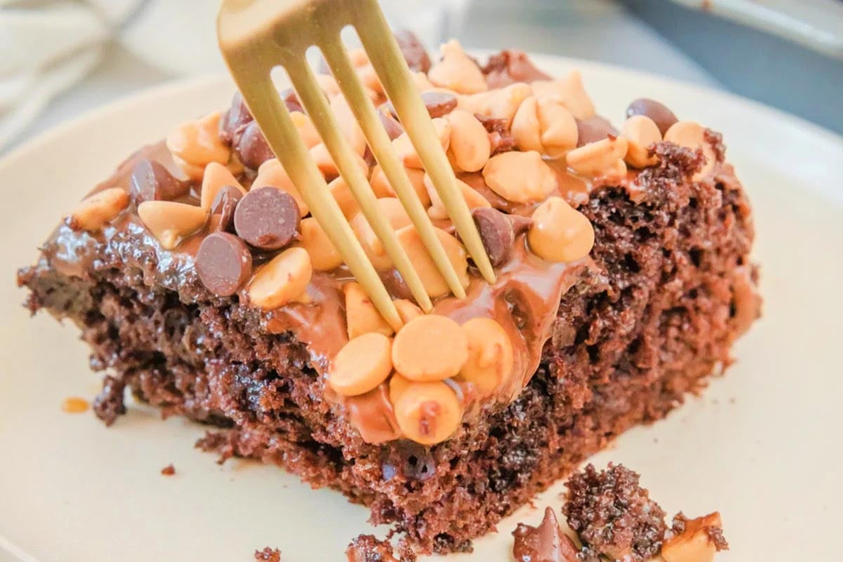 Caramel Chocolate Poke Cake.