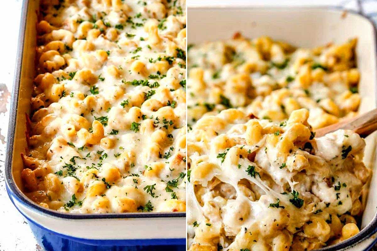 Two images of baked macaroni and cheese in a 9x13 baking dish, one showing the entire dish topped with parsley, the other with a serving spoon scooping out a portion.