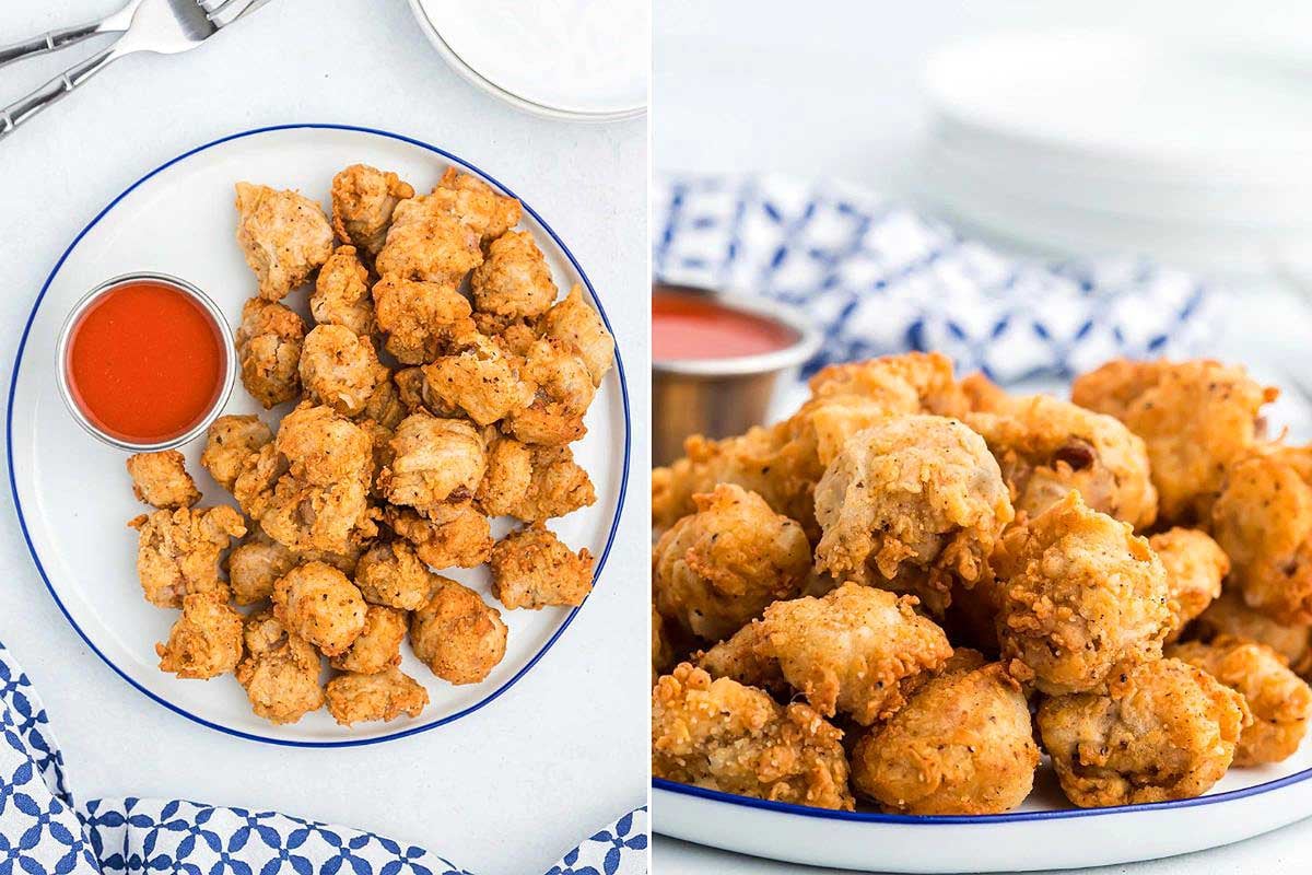 Plate of crispy fried chicken pieces inspired by KFC recipes, served with a side of sauce on a blue and white patterned tablecloth.