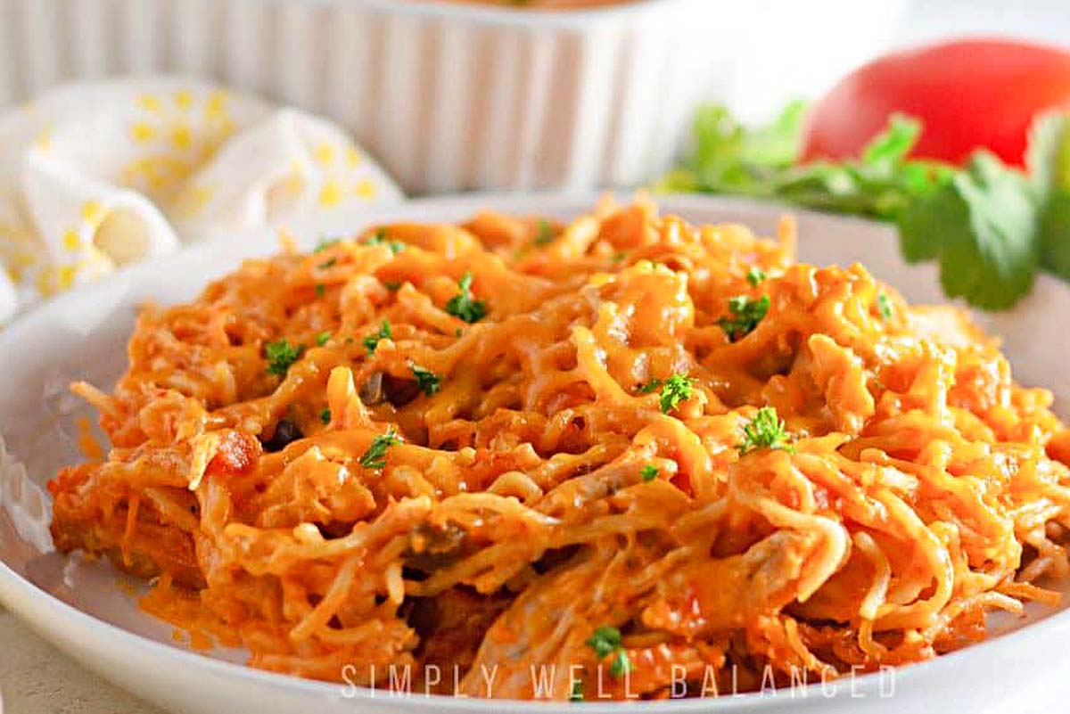 Easy Cheesy Chicken Taco Spaghetti.
