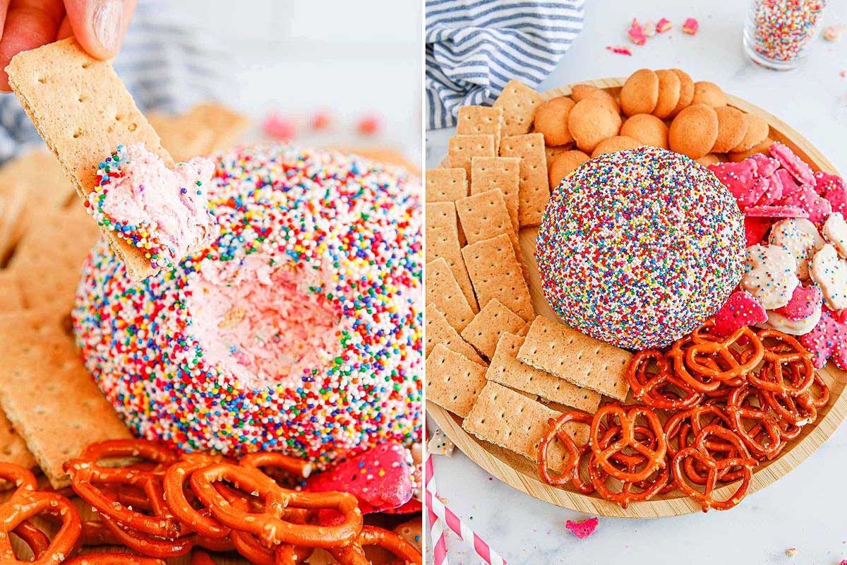 Two images of snacks: left shows a hand dipping a cracker into a pink dip covered with recipes that use circus animal cookies; right displays a wooden platter with various treats sprinkled with