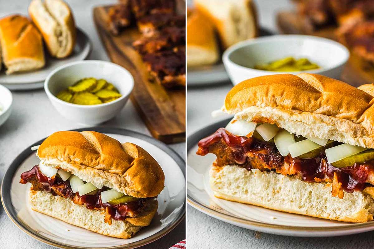 McDonald's-inspired barbecue sandwiches with pickles on a plate, with a side of extra pickles and sauce.