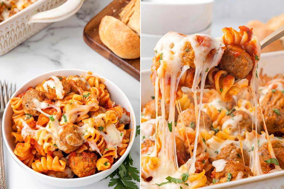 A collage of two images showing baked pasta with meatballs and melted cheese, served in a bowl and a 9x13 baking dish.