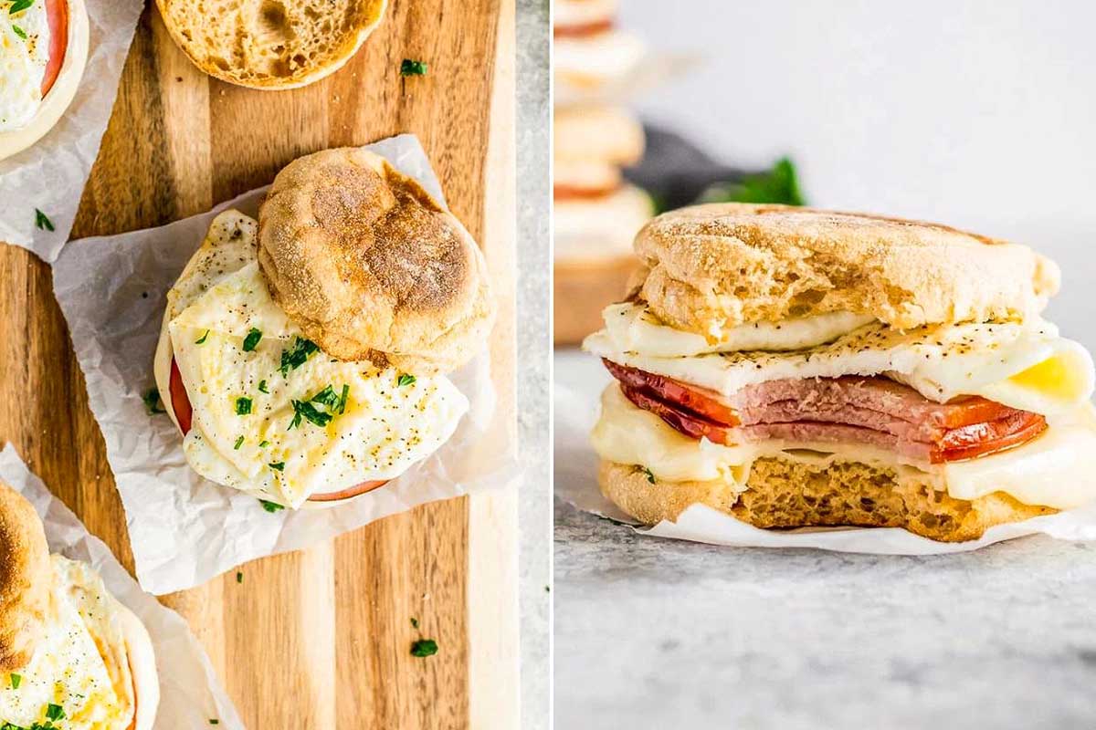 Two variations of McDonald's-inspired English muffin breakfast sandwiches with eggs and meat.