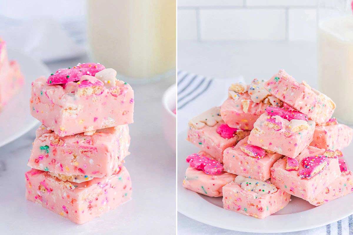 Stacks of pink sprinkle-covered fudge pieces on plates, infused with circus animal cookies, displayed in a bright and airy setting.