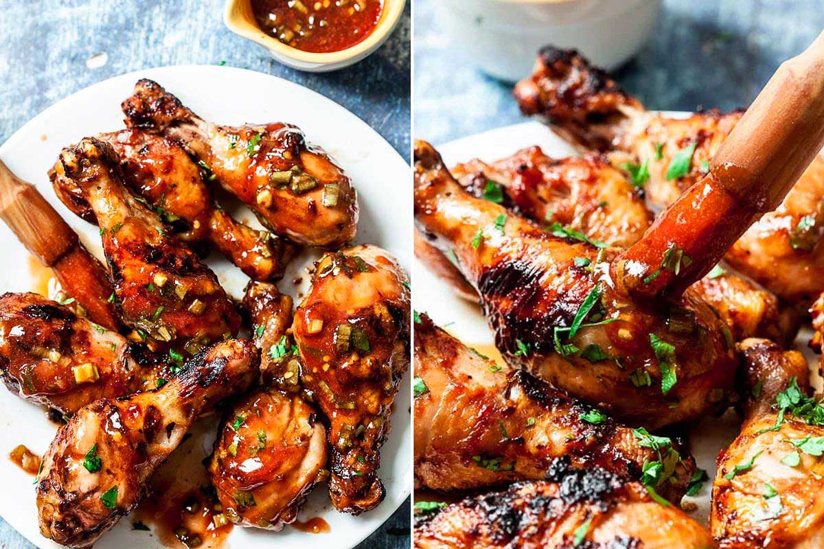 Two images of glazed chicken drumsticks garnished with herbs, one showing a plate of chicken and the other being served with tongs, both featuring ketchup-based glaze.
