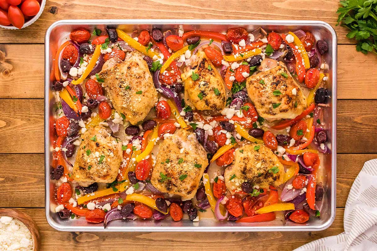 Easy Greek Chicken Sheet Pan Dinner.