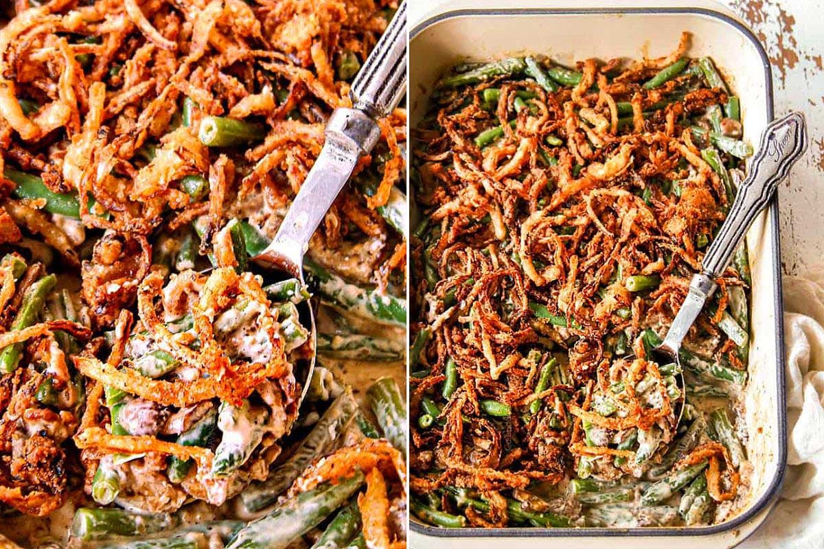 A split image showing green bean casserole on the left, topped with crispy fried onions, in a serving dish with a spoon, and on the right, in a 9x13 glass baking