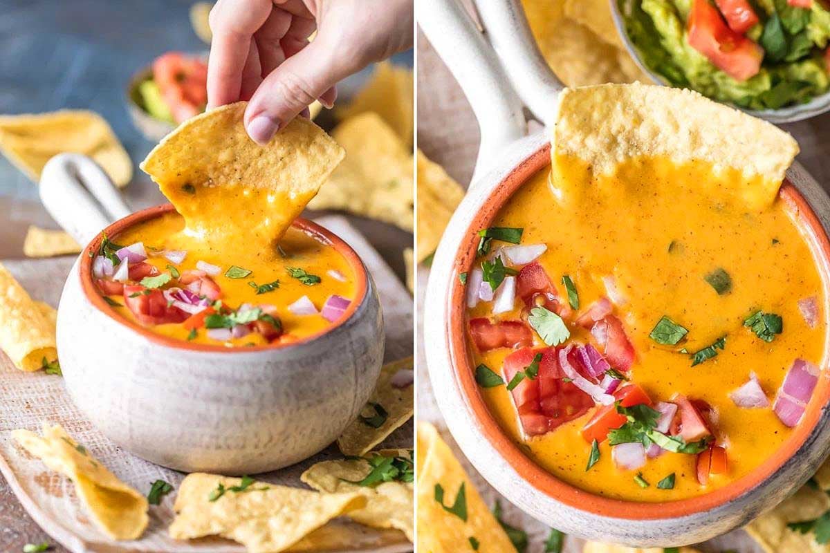 Two images of tortilla chips being dipped into bowls of creamy Velveeta cheese dip garnished with diced tomatoes, onions, and cilantro.