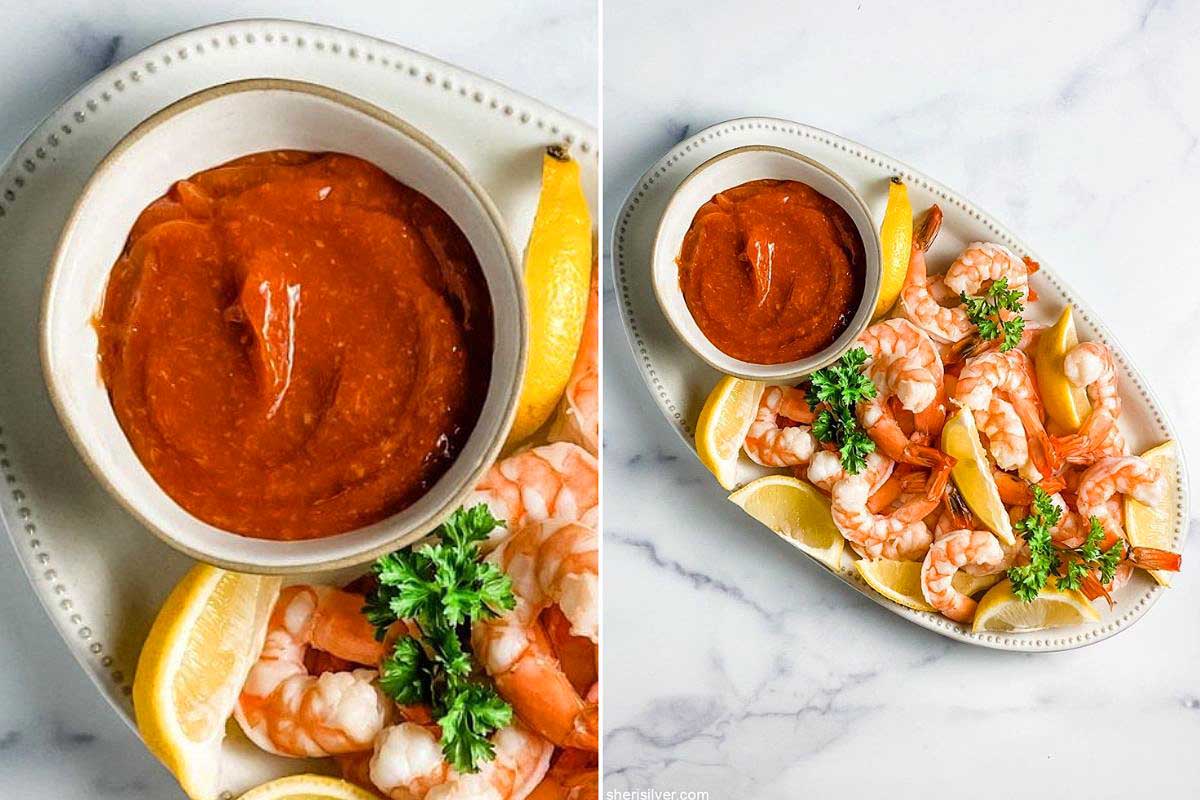 Left: a bowl of red ketchup-based cocktail sauce with a lemon wedge. Right: a plate of shrimp garnished with lemon slices and parsley, served with cocktail sauce.