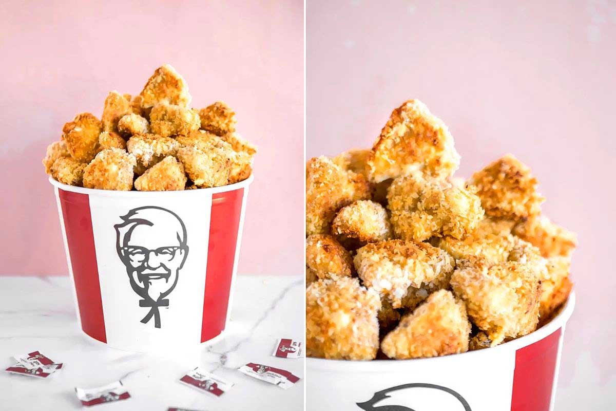 Two images of a bucket of KFC fried chicken; one shows the full bucket with a branded logo, the other a close-up of the crispy pieces.