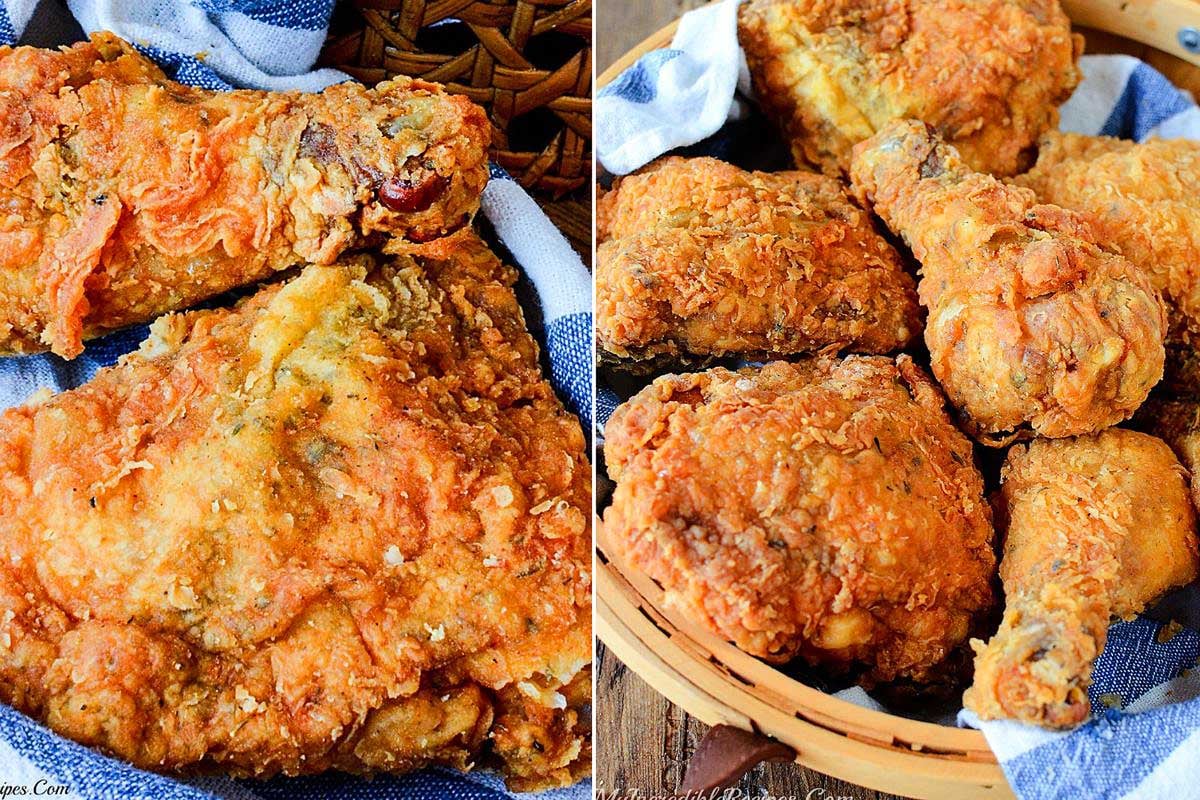 Two images of crispy KFC recipe fried chicken pieces; one showing a close-up in a basket, and the other on a wooden surface.