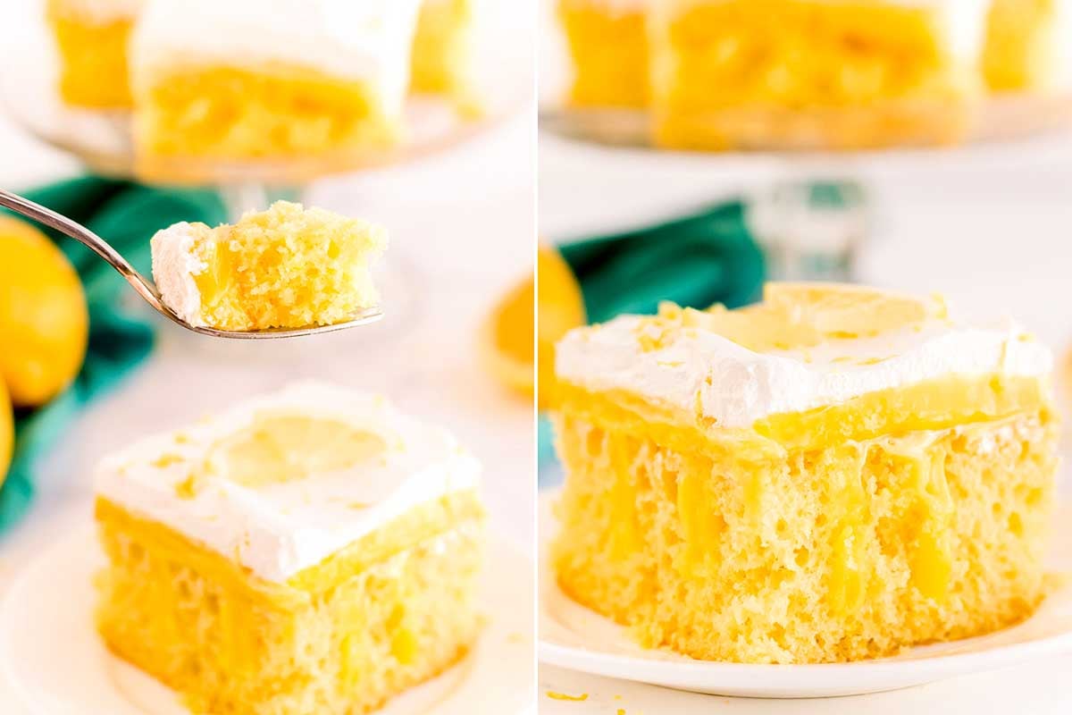 A close-up image of a fork holding a bite of lemon cake made with pudding mix, paired with a side view of a slice of lemon cake on a plate.