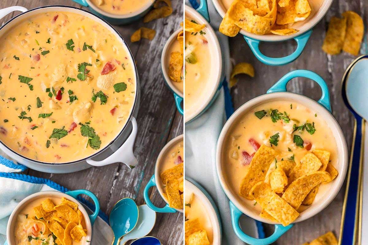 A creamy Velveeta cheese soup with diced tomatoes and cilantro, served with tortilla chips, in two white bowls and a pot.