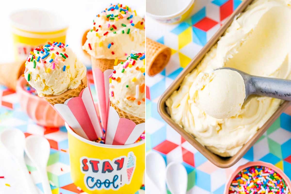 Two images of vanilla ice cream mixed with pudding, one served in colorful cones and another scooped from a container.