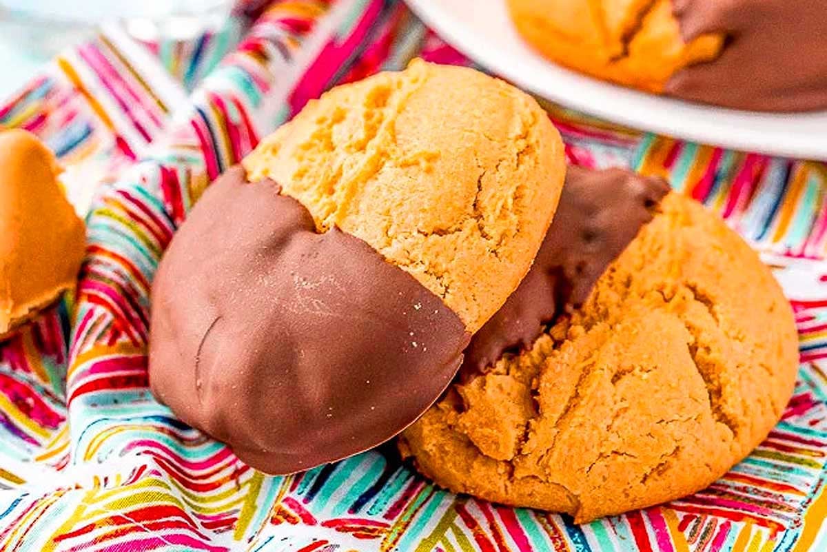 Chocolate-dipped cookies with pudding mix on a colorful striped cloth.