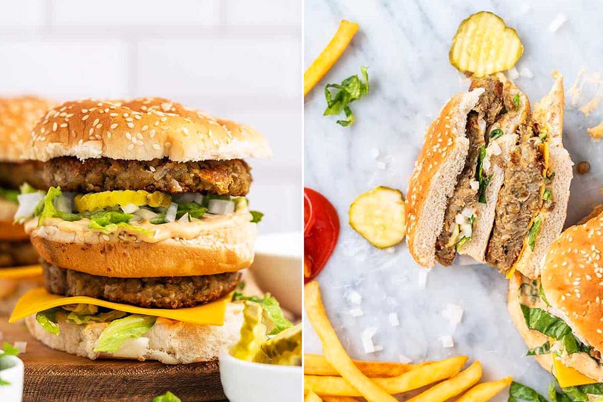 A freshly assembled veggie burger on the left and a partially eaten one with McDonald's recipes fries on the right.