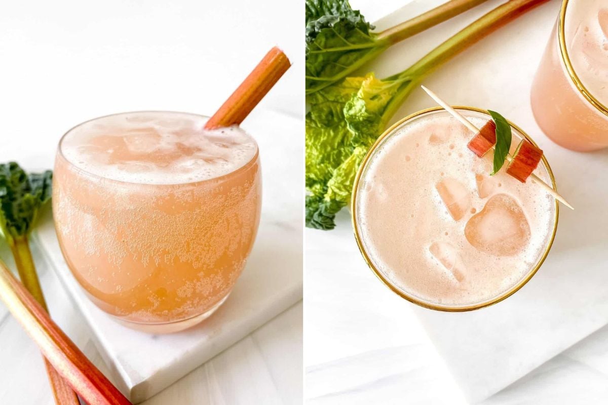 Two rhubarb recipes for cocktails: one with a cinnamon stick garnish, the other topped with a rhubarb stalk, served over ice.