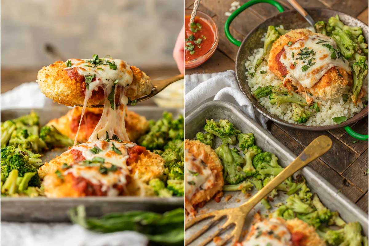 A collage of two images: on the left, a hand lifting a cheesy breaded chicken cutlet with melted cheese stretching; on the right, cooked cutlets and broccoli in a sheet pan.