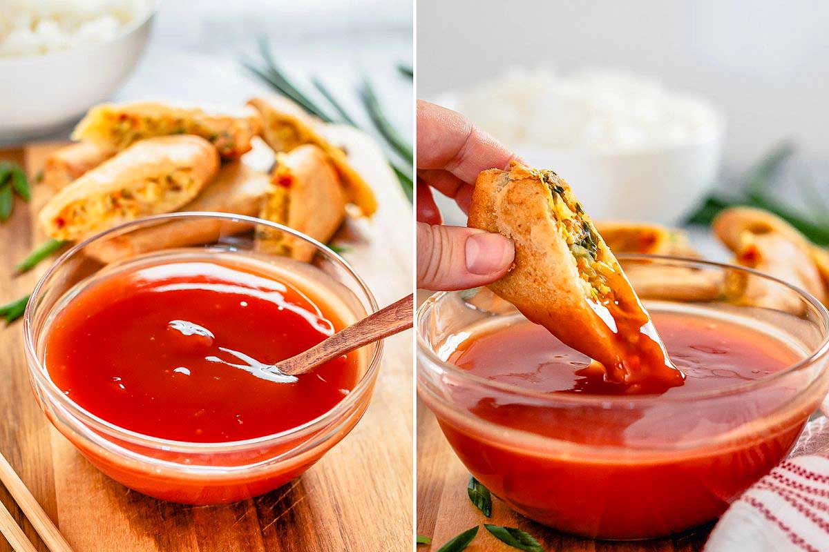 Hand dipping an empanada into a bowl of ketchup, with a side of rice and more empanadas in the background.