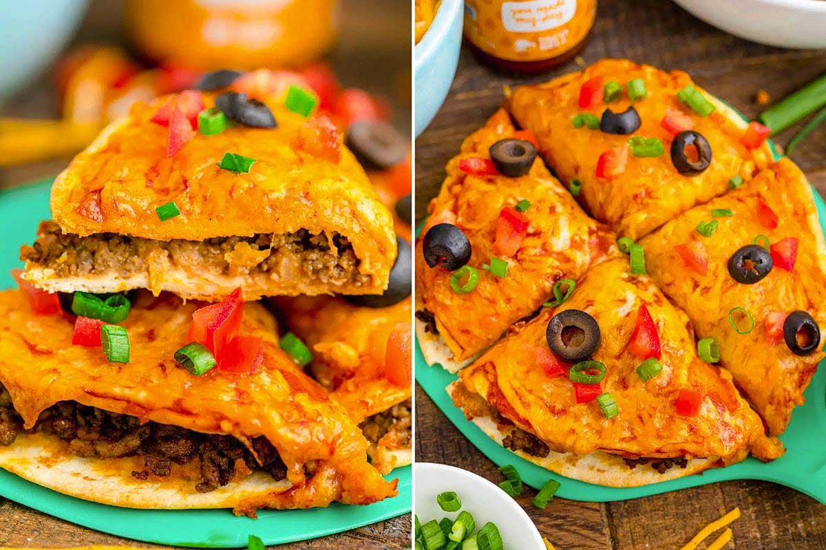 A plate with a sliced taco pie inspired by Taco Bell copycat recipes, topped with olives and peppers, garnished with scallions, next to a jar of taco sauce.