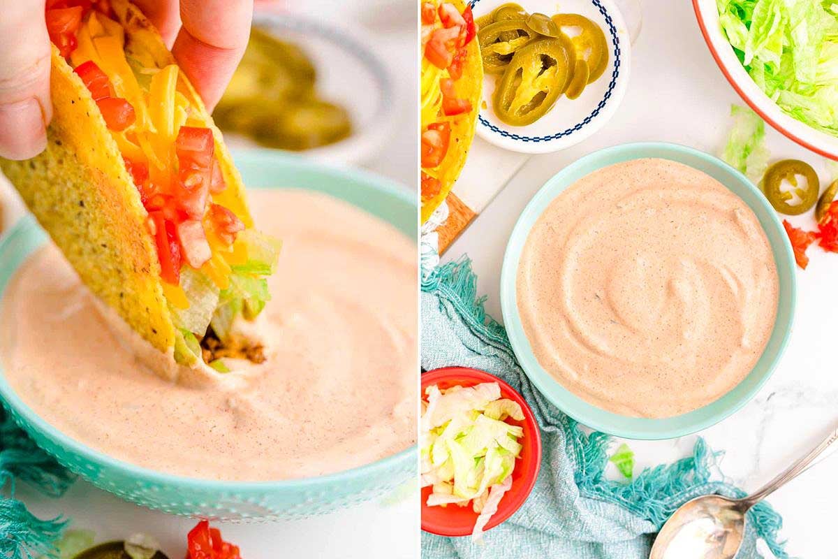 A taco dipped into a bowl of creamy sauce on the left, showcasing Taco Bell copycat recipes, and a close-up view of the sauce with ingredients like jalapeños and lettuce on the right.