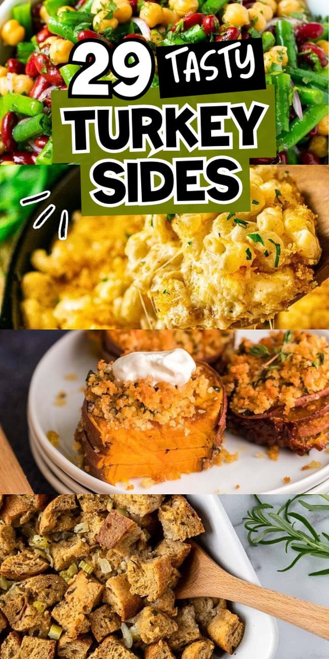 Collage of colorful turkey sides, including salads, mac and cheese, sweet potatoes, and stuffing.