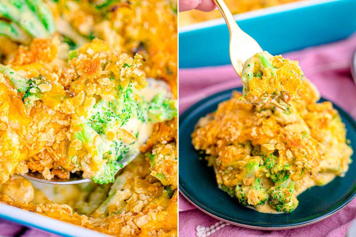 Two images of a Velveeta cheese broccoli casserole: the left shows a close-up in a dish, the right features a spoon serving a portion.