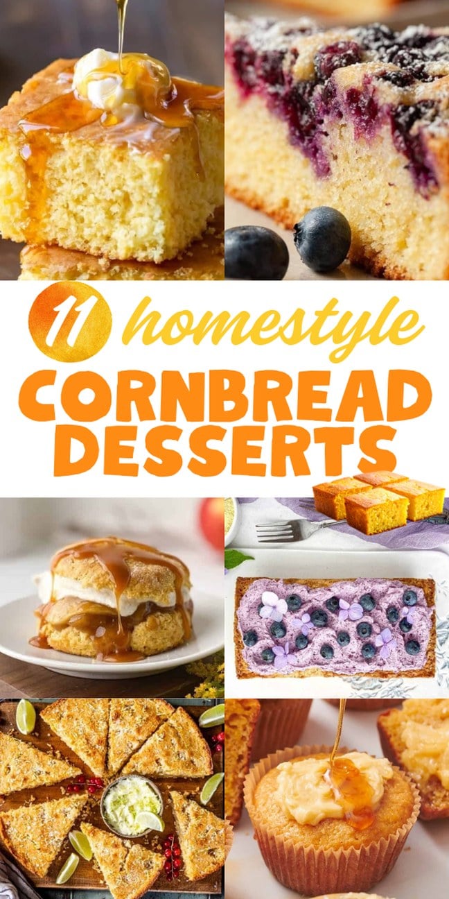 Collage of mouthwatering cornbread desserts, including cake, skillet pie, muffins, and berry-filled slices, with bold text.