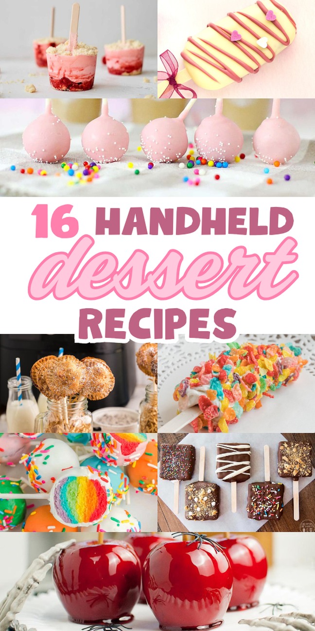 A collage of colorful handheld desserts on sticks and designed to be held, no silverware required.