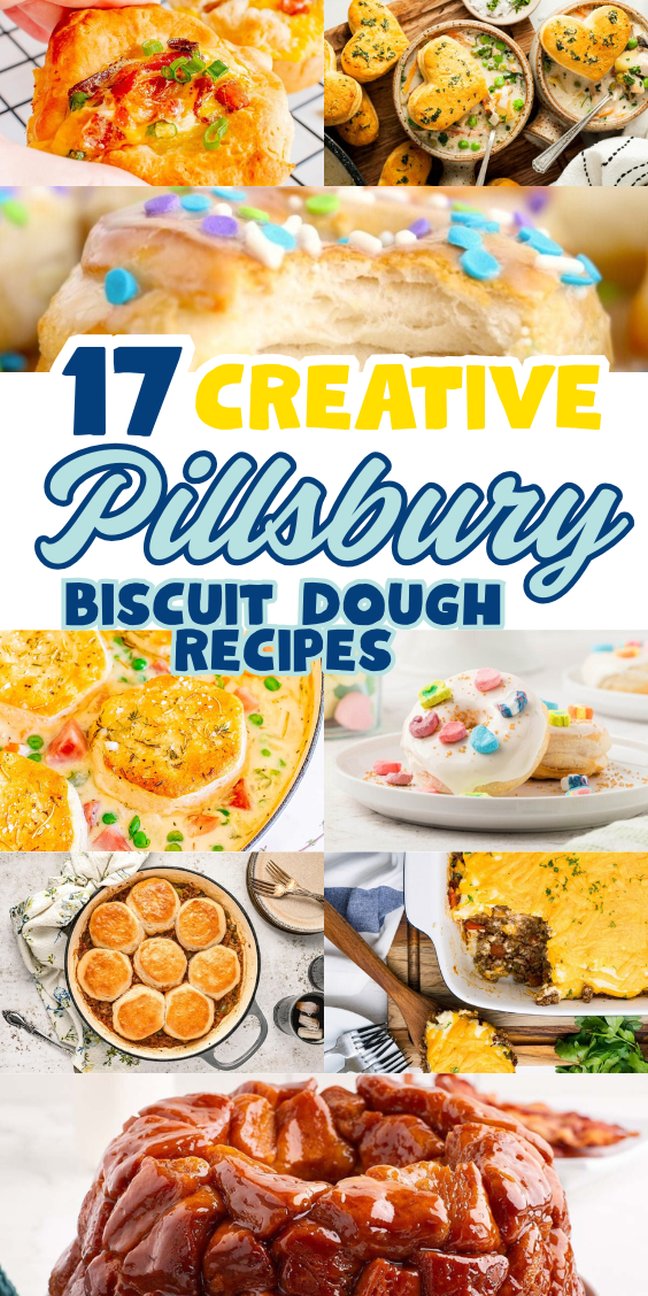 Collage of various biscuit recipes featuring Pillsbury dough, both sweet and savory.