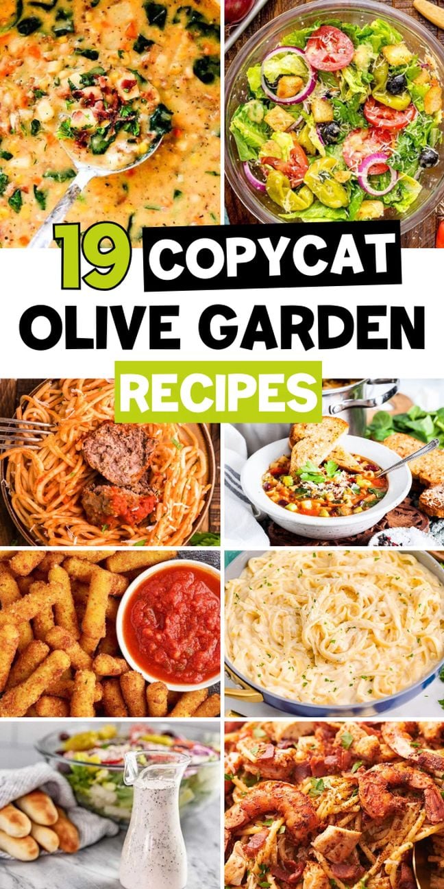 Collage of eight Italian dishes showcasing delicious Olive Garden recipes you can recreate at home.