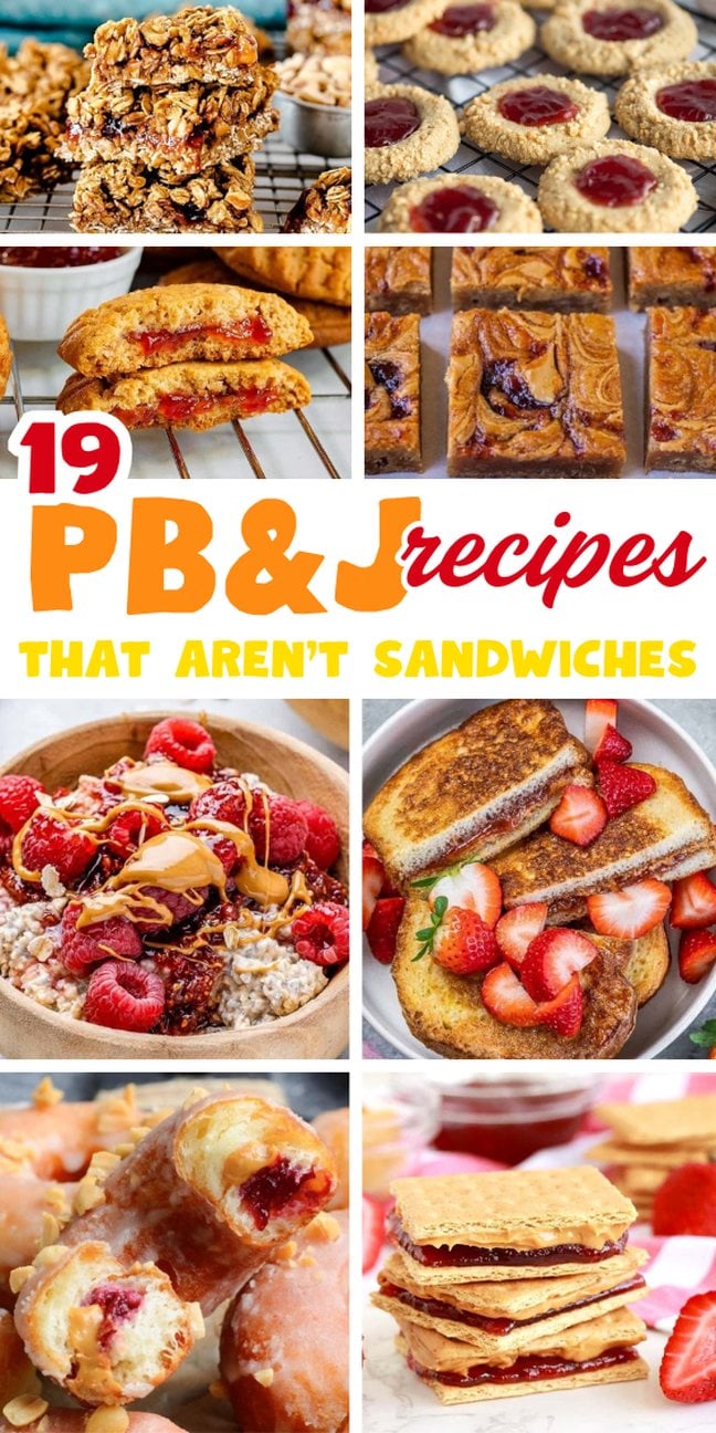 A collage of inventive peanut butter and jelly recipes, featuring bars, oatmeal, donuts, and pancakes.