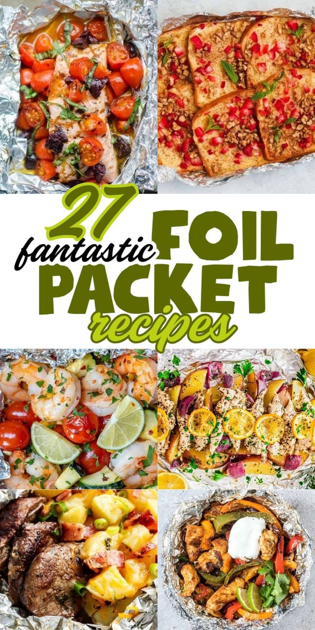 A vibrant collage of six foil packet meals, featuring a variety of seafood, chicken, steak, and vegetables wrapped and cooked to perfection.