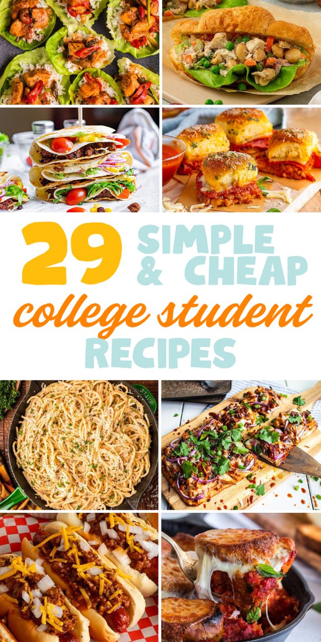 Collage of easy, budget-friendly meals and snacks— perfect for anyone searching for quick and tasty college student recipes.